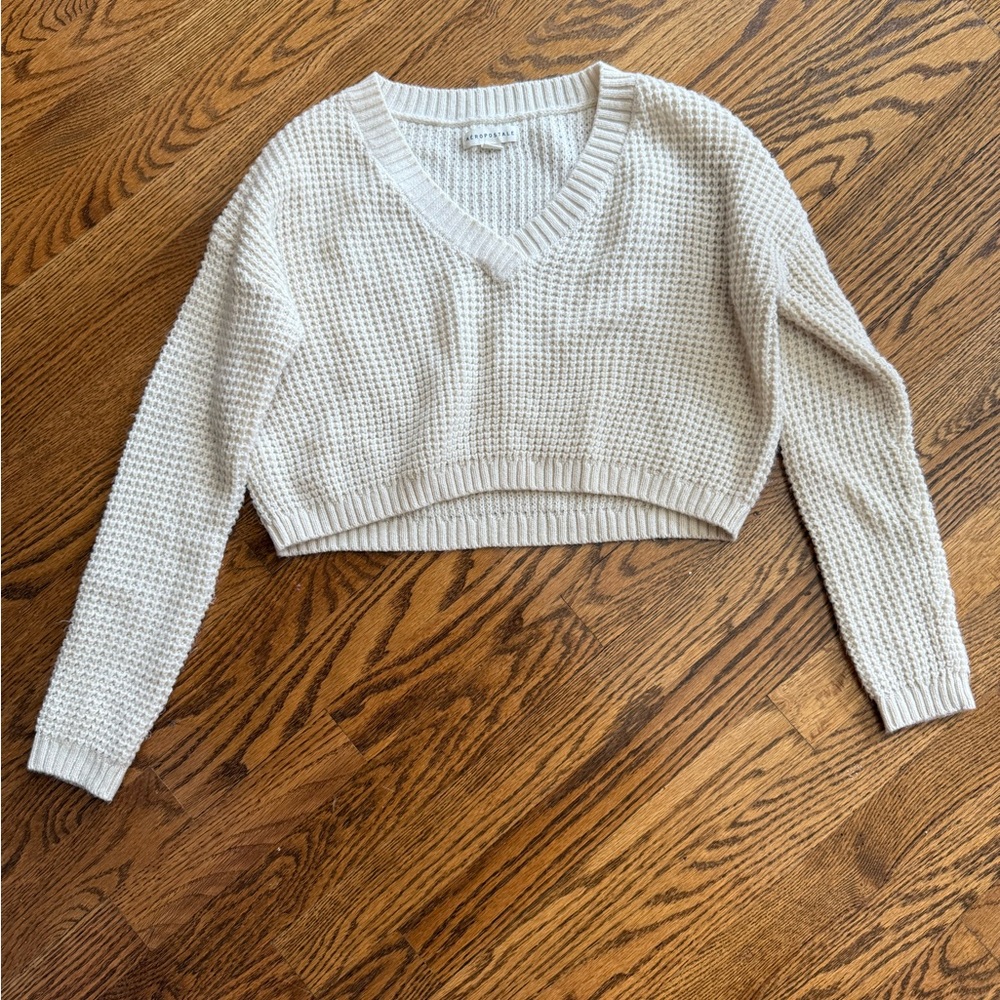 Aeropostale Cream Waffle Knit Crop V-Neck Pullover